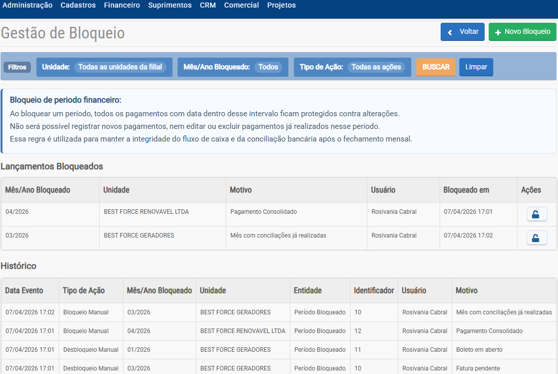 Gestão de Bloqueio Financeiro - Skywork ERP